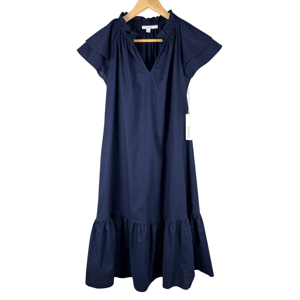 Chico's Midi Tiered Flutter Short Sleeve Solid Navy Blue Women's Size 0 US 4